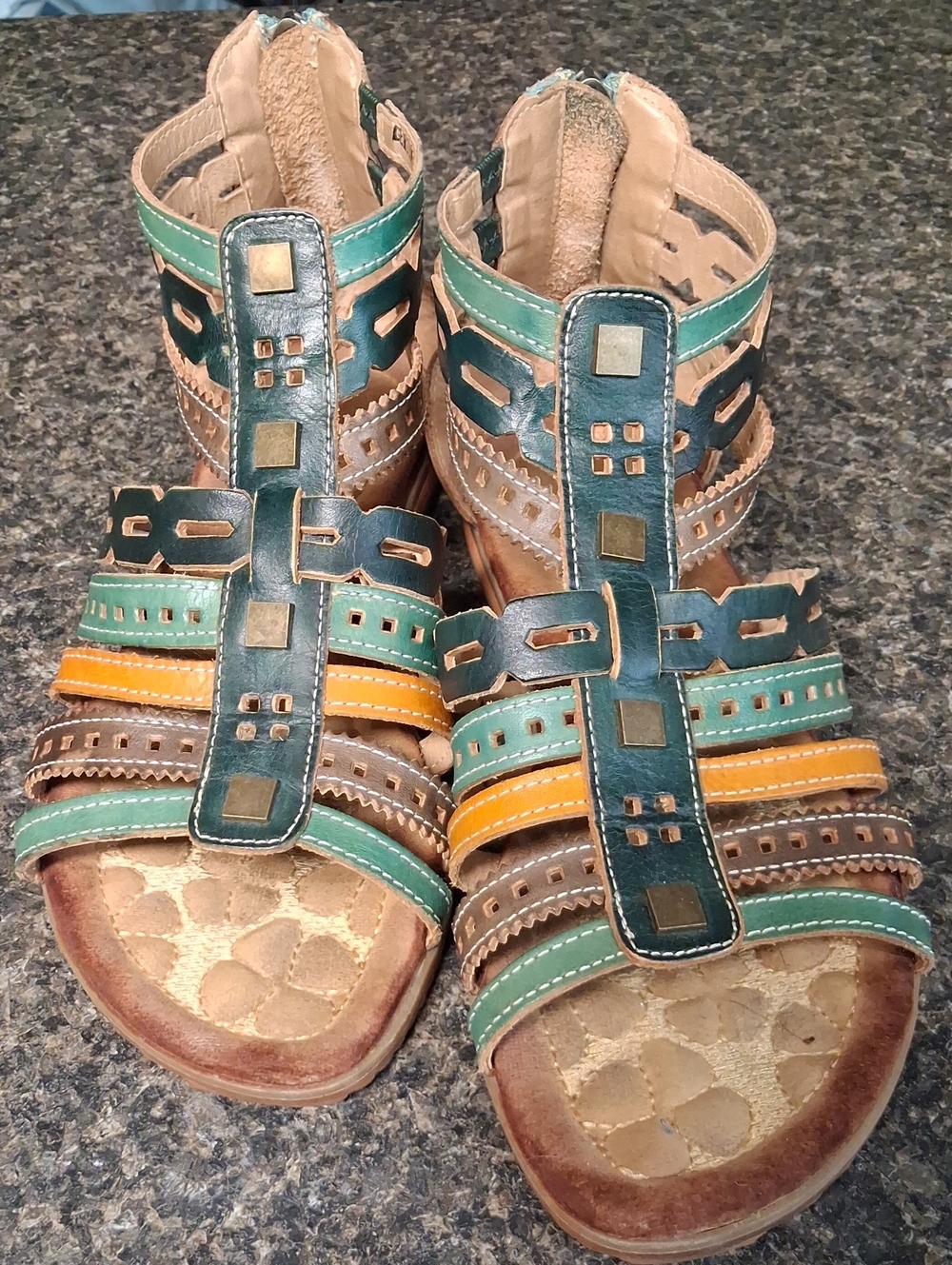 Multi-Stripe Leather Women's Sandals - Green & Yellow